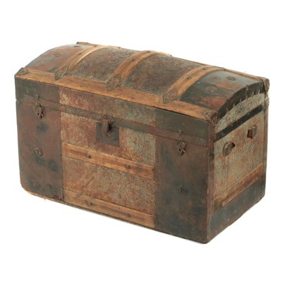 Late Victorian Slatted Wood and Metal-Clad Dome-Top Steamer Trunk