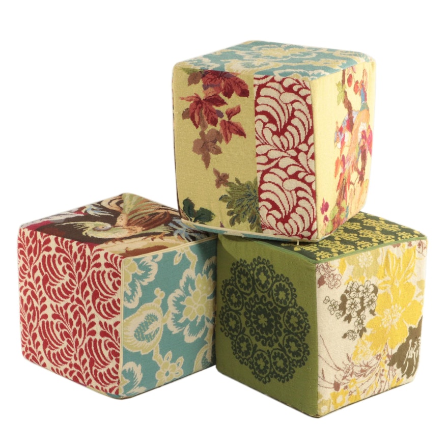 Three Anthropologie Cube-Form Ottomans with Embroidered Slipcovers
