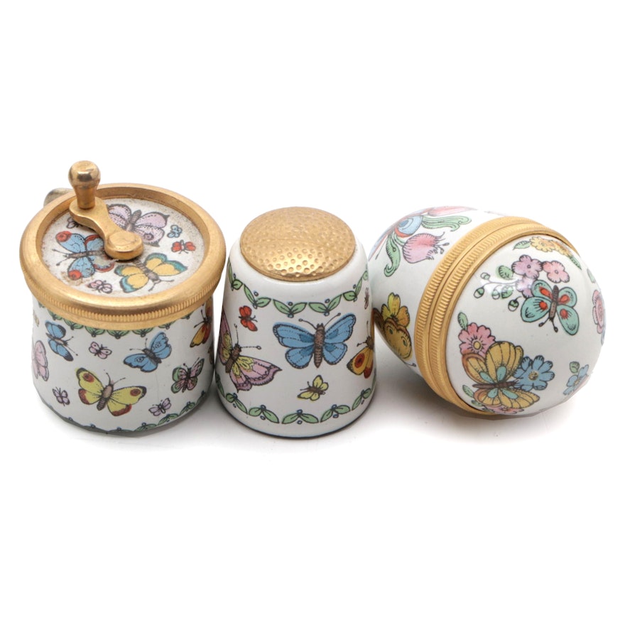 Halcyon Days Butterfly Enameled Metal Box, Thimble, and Tape Measure