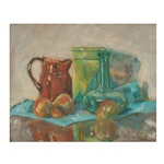 Still Life Oil Painting of Pears and Vessels, Mid-Late 20th Century