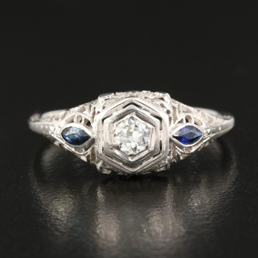 Art Deco 18K Diamond and Sapphire Ring