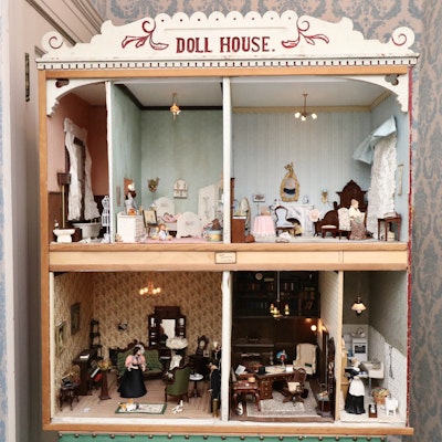 Electrified Victorian Style Dollhouse with Miniature Furnishings, Mid-20th C.