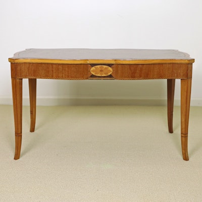 Federal Style Marquetry Inlaid Coffee Table With Embossed Leather Top