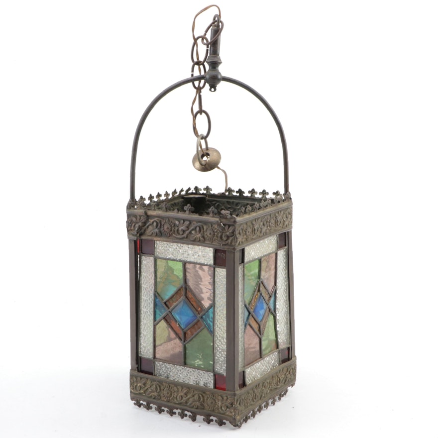 Stained Textured Glass and Embossed Spelter Pendant Gas Lamp, Adapted Mid-20th C