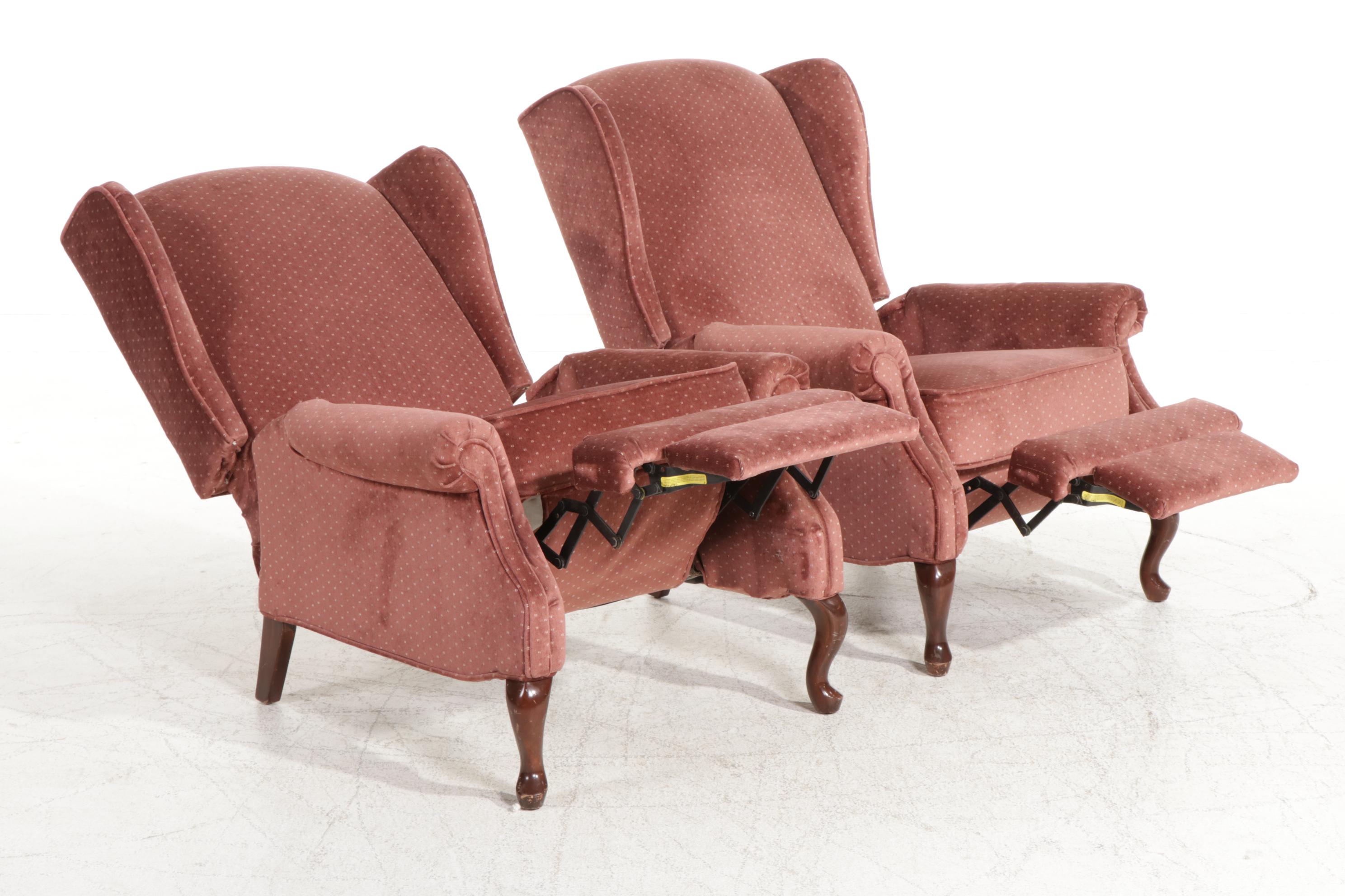 Pair of Franklin Queen Anne Style Wingback Recliners, Late 20th Century