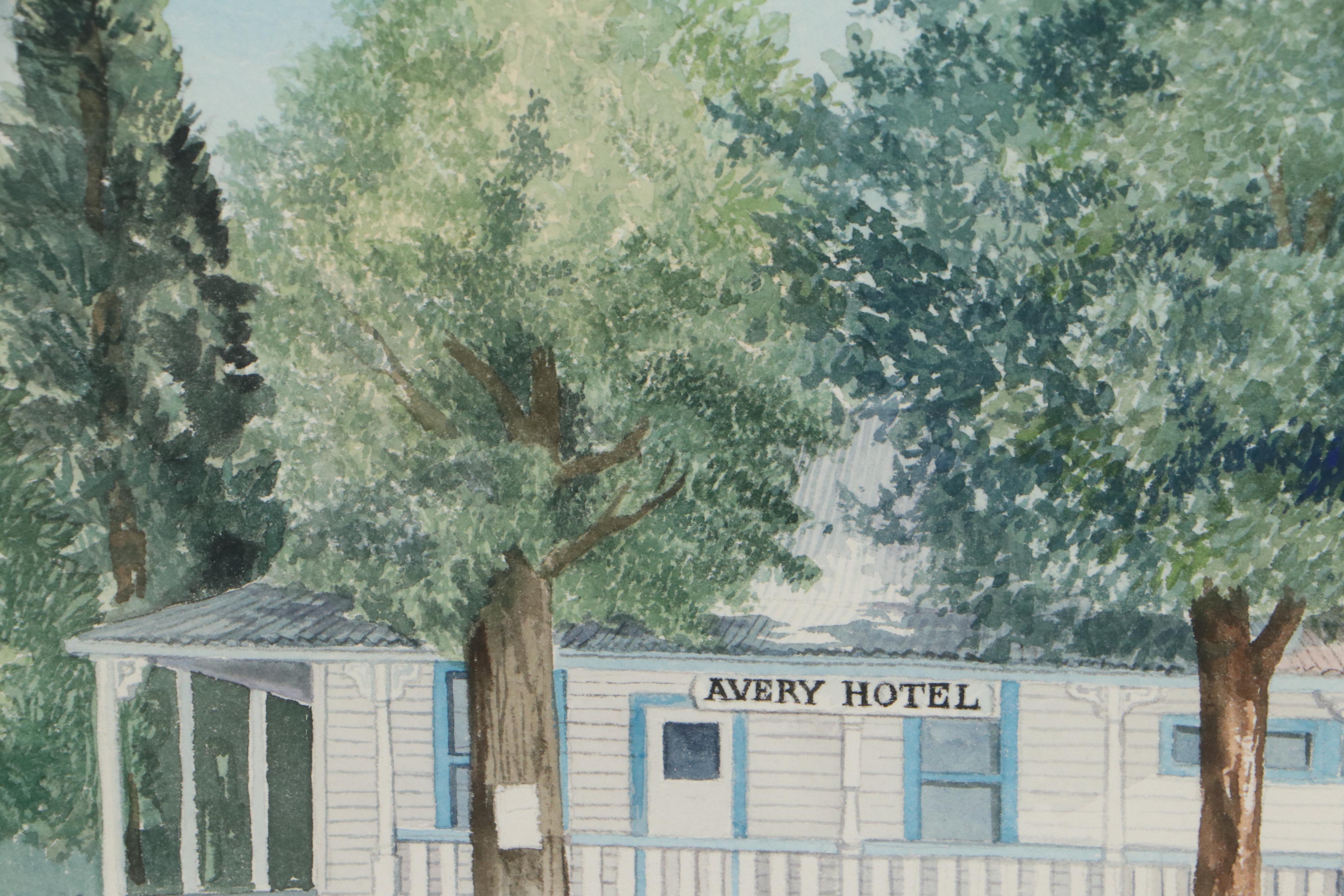 Sally Sargent Watercolor Painting of the Avery Hotel EBTH