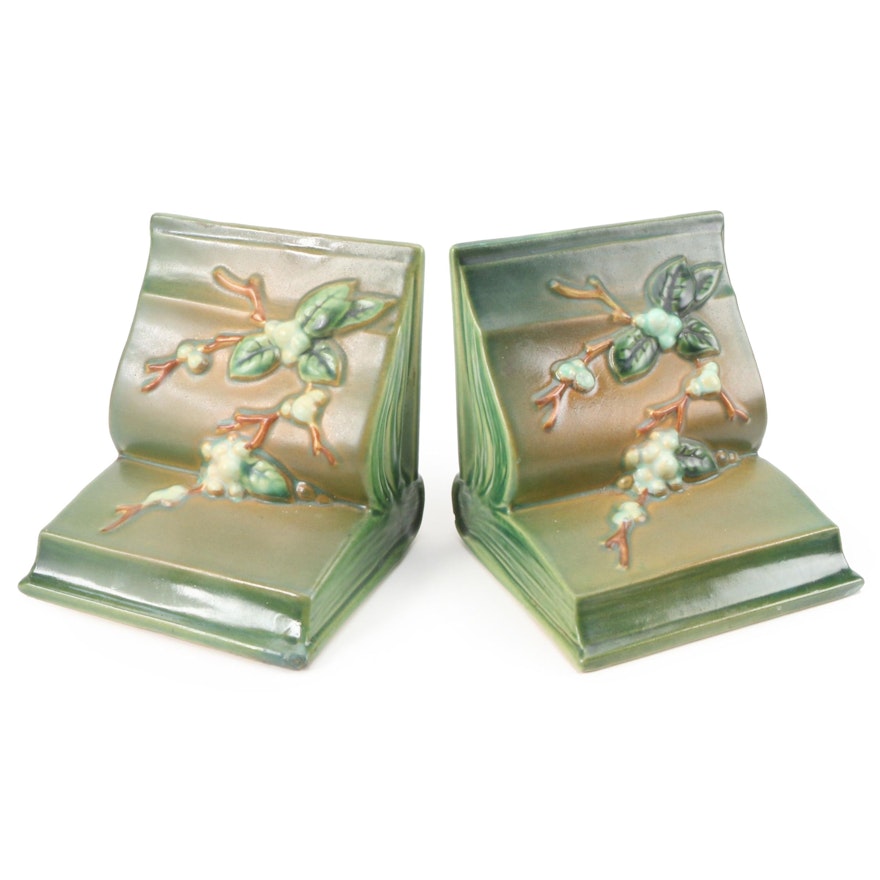 Roseville Pottery "Snowberry" Bookends Pair in Green