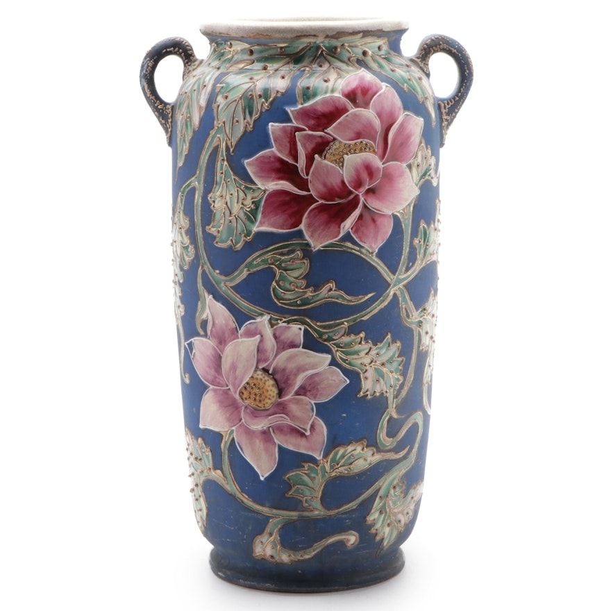 Painted and Embossed Floral Ceramic Floor Vase