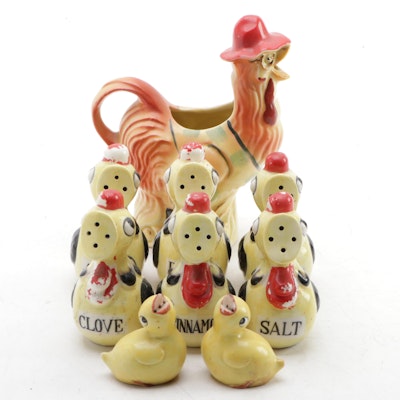 Relco Ceramic Duckling Shakers with Rooster Pitcher, Mid-20th Century