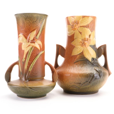 Roseville Pottery "Clematis" and "Zephyr Lily" Double-Handled Vases, Mid-20th C.
