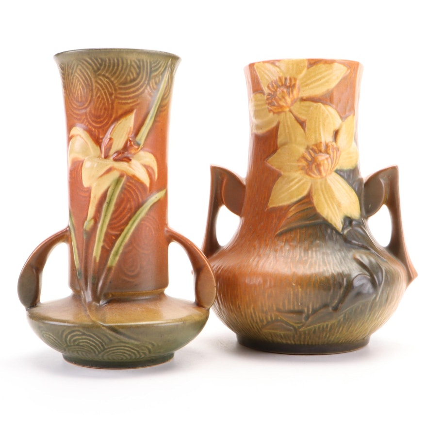 Roseville Pottery "Clematis" and "Zephyr Lily" Double-Handled Vases, Mid-20th C.