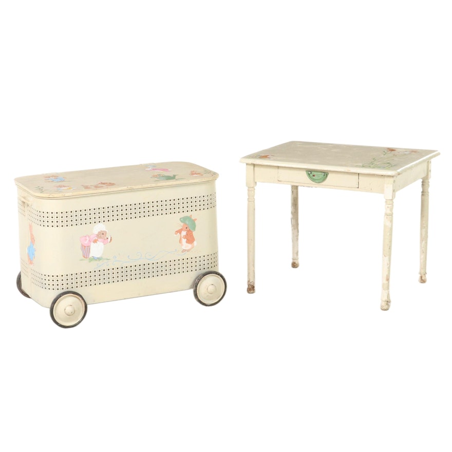 Paint-Decorated Metal and Wood Rolling Toy Chest Plus Child's Table
