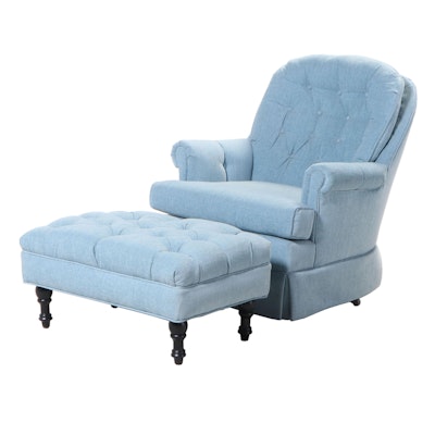 Custom-Upholstered and Buttoned-Down Swivel-Rocker and Ottoman