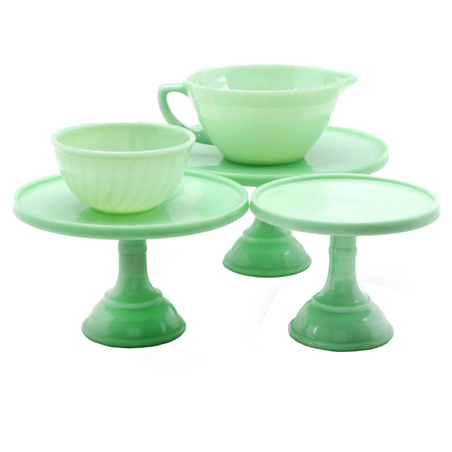 Anchor Hocking Fire-King Jadeite Mixing Bowls with Martha by Mail Cake Stands