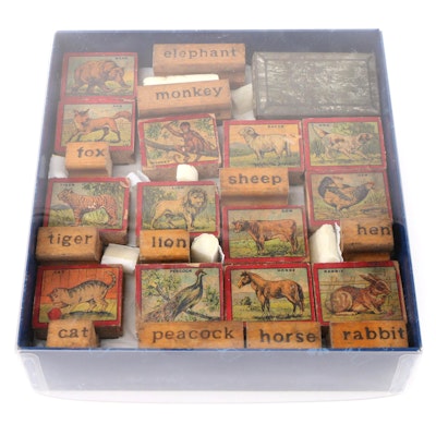 Wooden Animal Stamps with Ink Pad, Early to Mid-20th Century