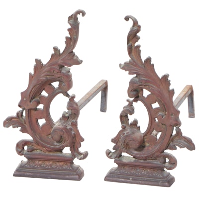 Pair of Louis XV Style Cast and Wrought Iron Chenets, 20th Century