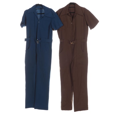 Men's Short Sleeve Belted Jumpsuits in Brown and Blue Polyester Fabric, 1970s
