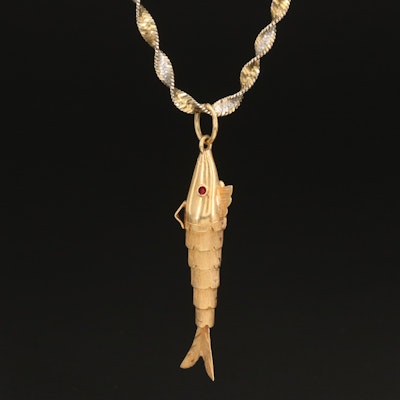 18K Articulated Fish Pendant on Sterling Twisted Herringbone Chain Necklace