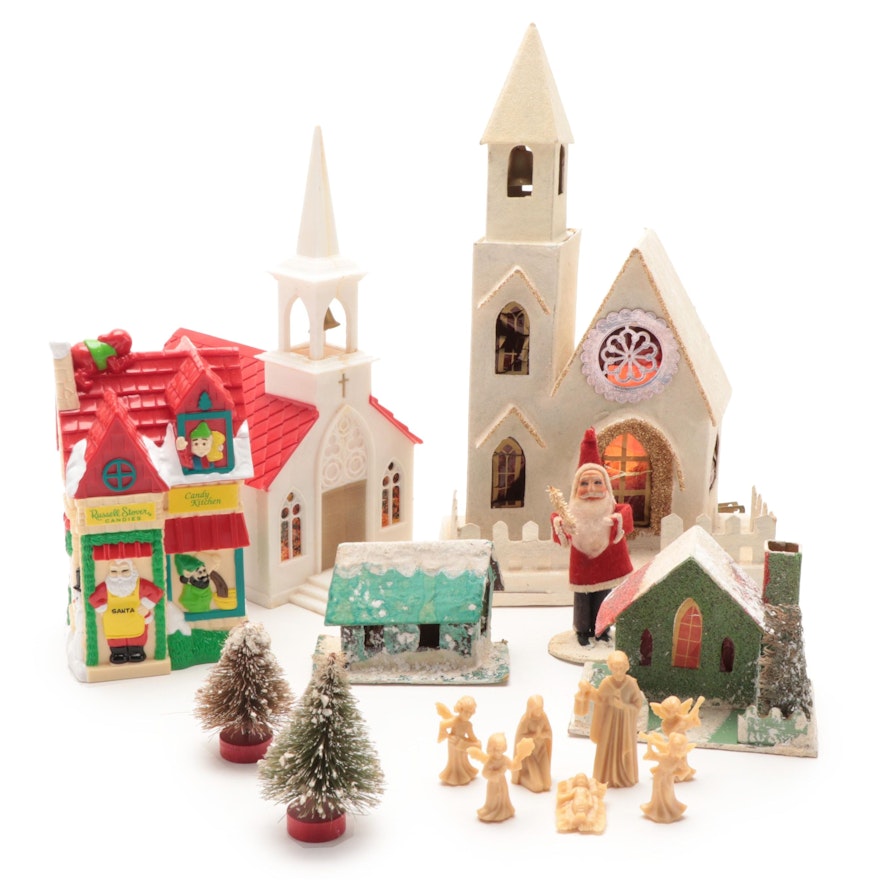 Putz Church and Houses with Bank and Other Christmas Decor