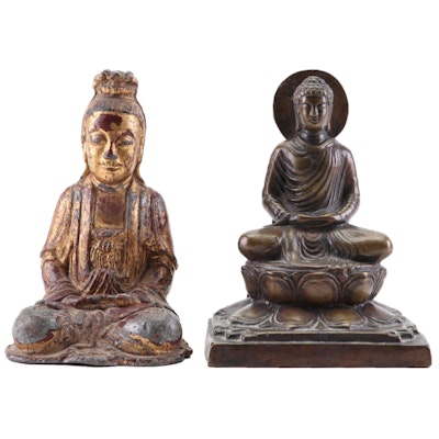 Polychromed Metal and Cast Bronze Seated Buddha Figurines