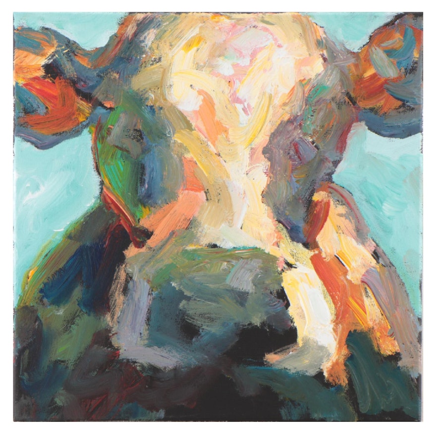 Elle Raines Acrylic Painting of Cow, 21st Century