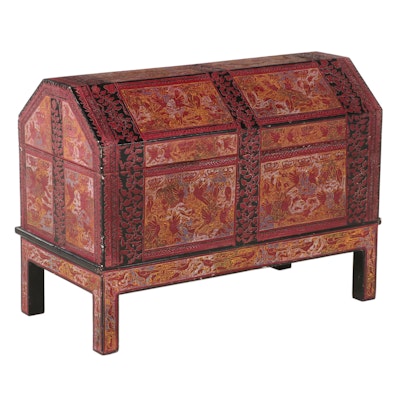Southeast Asian Polychrome Lacquered Wood Chest on Stand