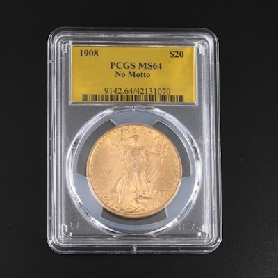 PCGS Graded MS64 1908 "No Motto" Saint Gaudens $20 Gold Coin