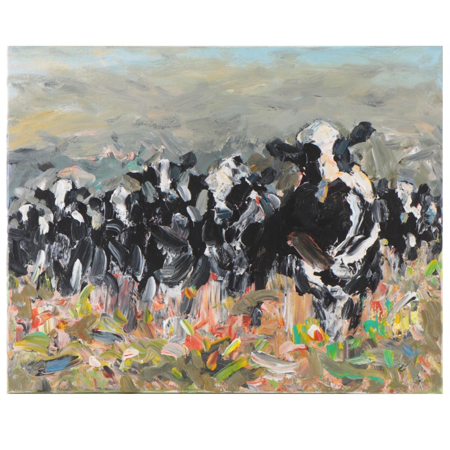 Sam Raines Acrylic Painting of Cows, 21st Century