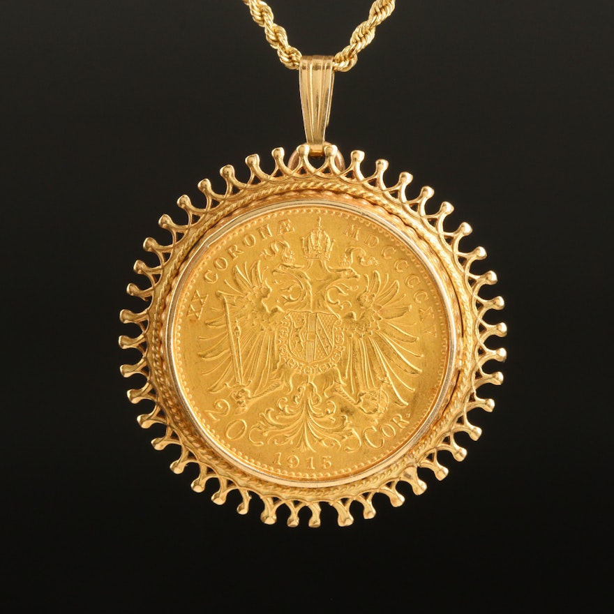 14K Necklace with Austria-Habsburg Franz Joseph I 20 Corona Restrike