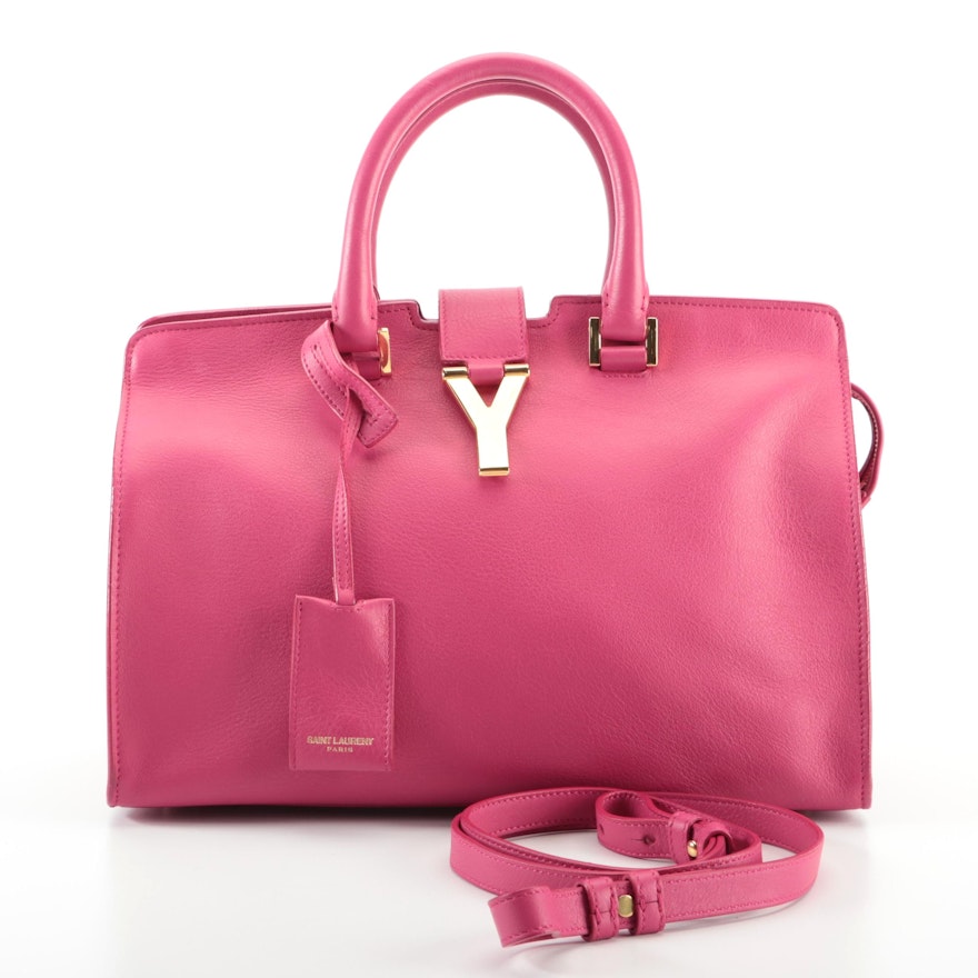 Saint Laurent Small Y Cabas Tote in Fuchsia Calfskin with Detachable Strap