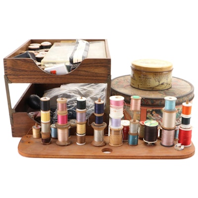 Sewing Embroidery Thread, Tools, and Notions with Wood Storage Shelf