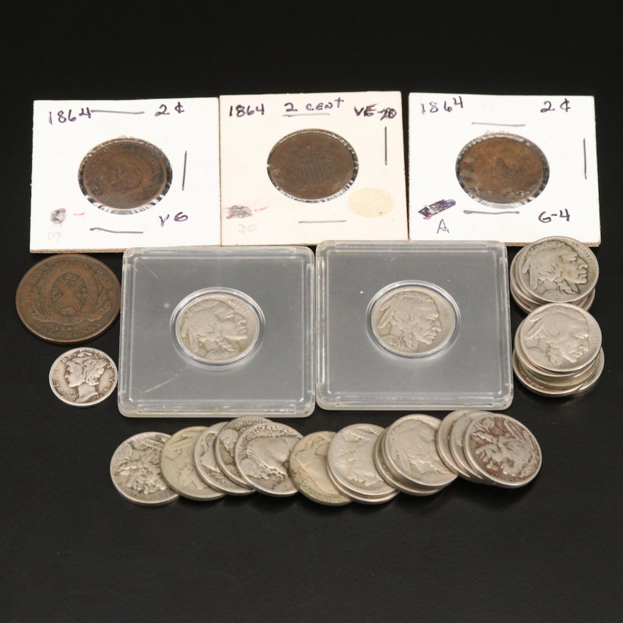 Various American Coins Including 1864 Two Cent Coins
