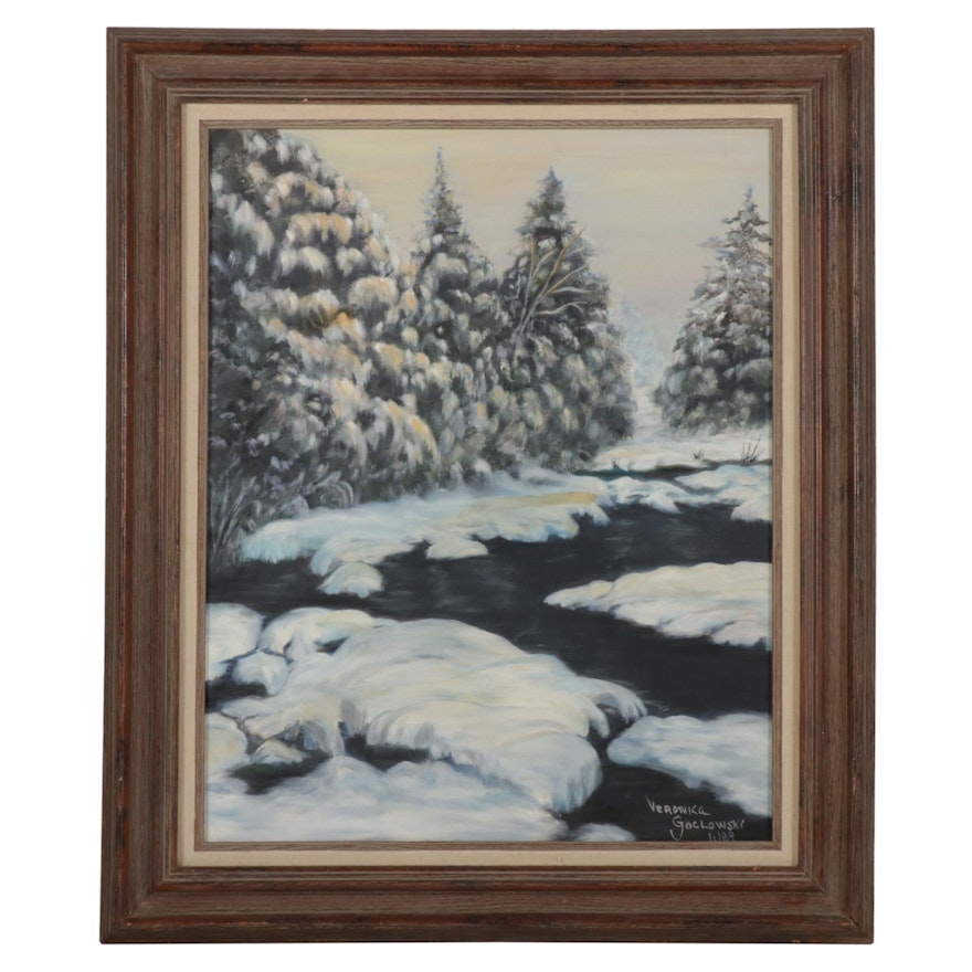 Veronica Goclowski Oil Painting of Snowy Creekside, 1989
