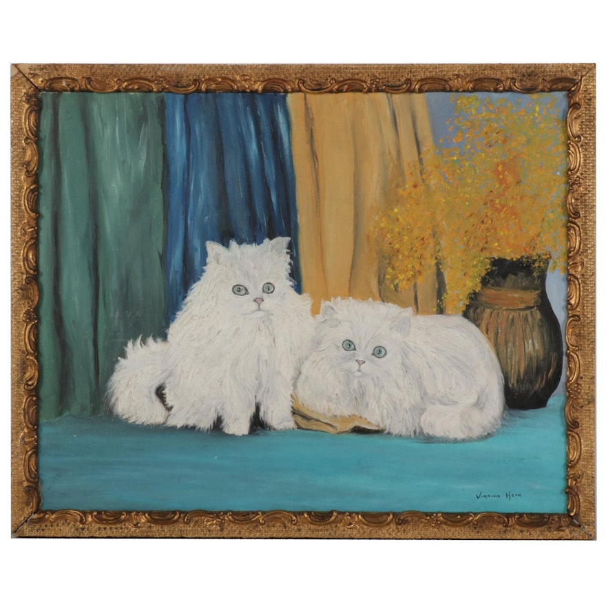 Virginia Hern Oil Painting of White Kittens, Mid to Late 20th Century