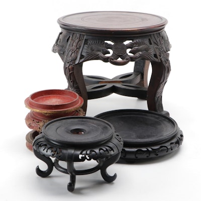 Carved Rosewood, Ebonized Hardwood and Red Lacquer Display Stands