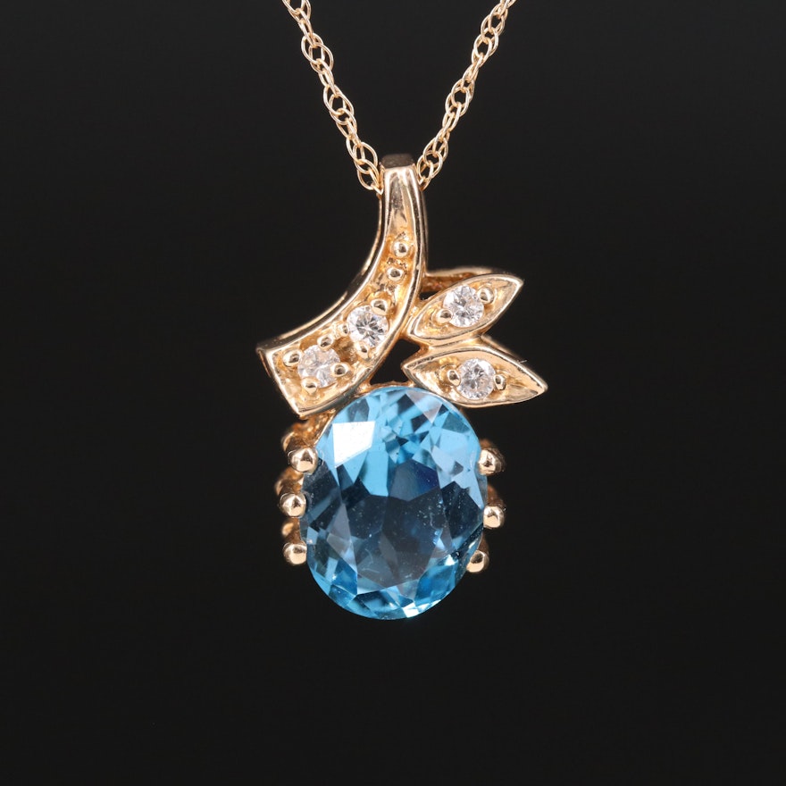 14K Swiss Blue Topaz and Diamond Pendant Necklace