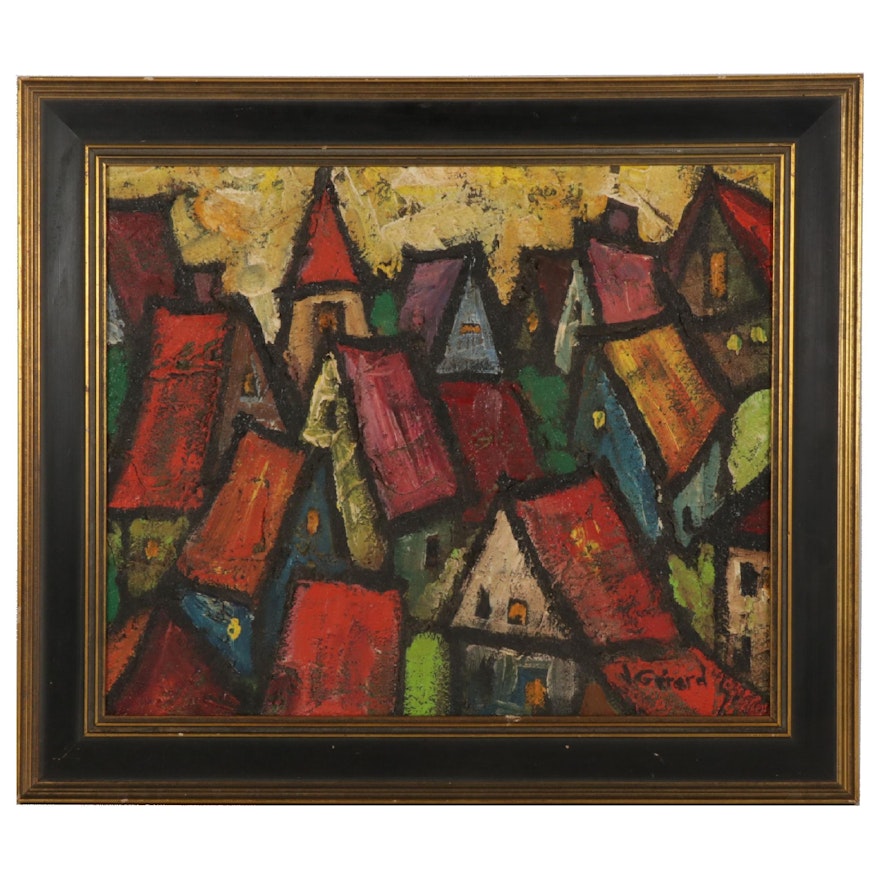 J. Gérard Impasto Oil Painting of City Rooftops, Mid-Late 20th Century