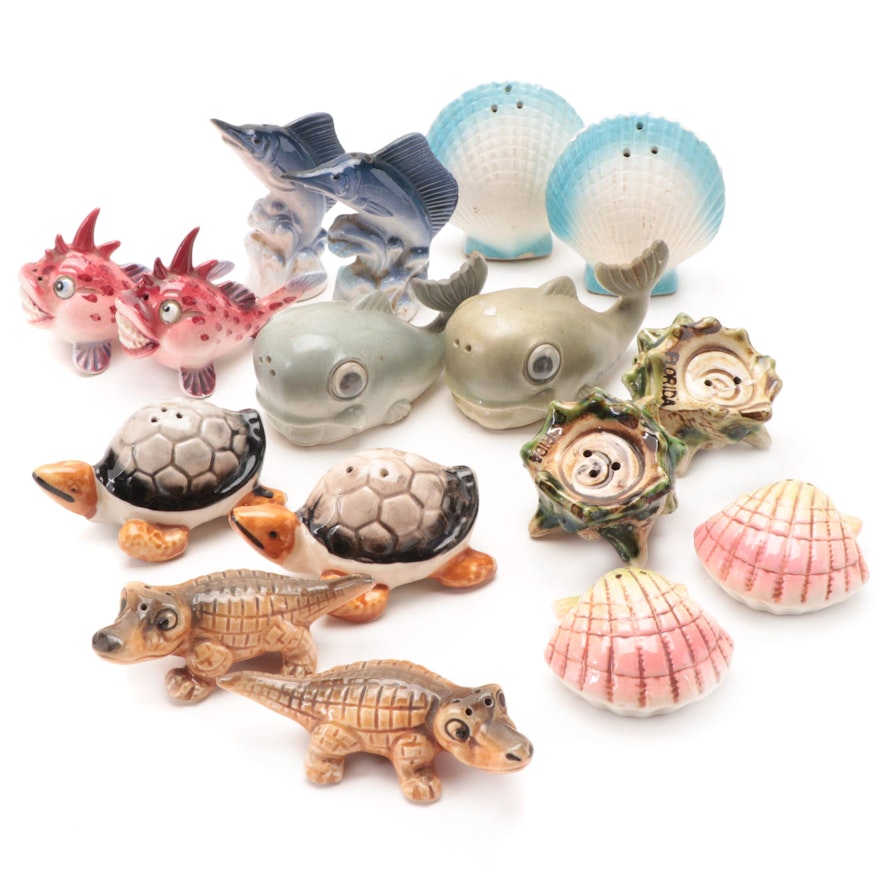 Japanese and Other Ceramic Aquatic Figural  Souvenir Shakers, Mid-Late 20th C.
