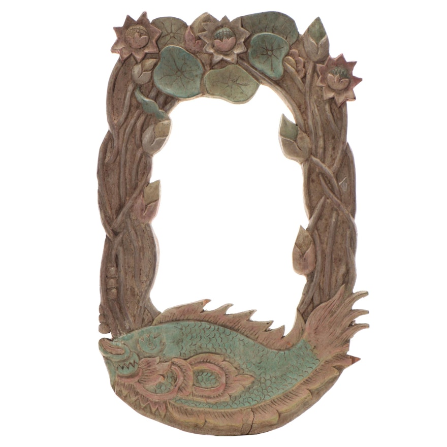 Polychrome Hand-Carved Koi and Lotus Motif Wall Mirror Frame