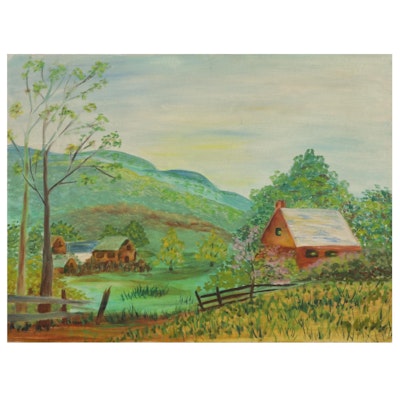 Folk Art Oil Painting of Hillside Cottages, Mid-Late 20th Century