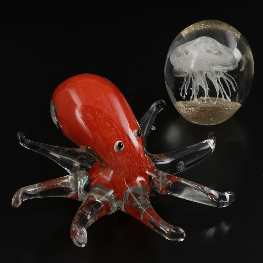 Blown Art Glass Jellyfish Paperweight and Octopus Figurine
