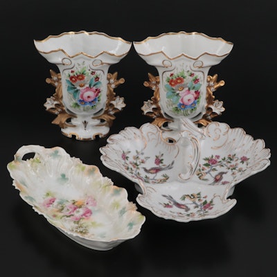 RS Prussia with Other Divided Serving Dishes and Old Paris Style Mantle Vases