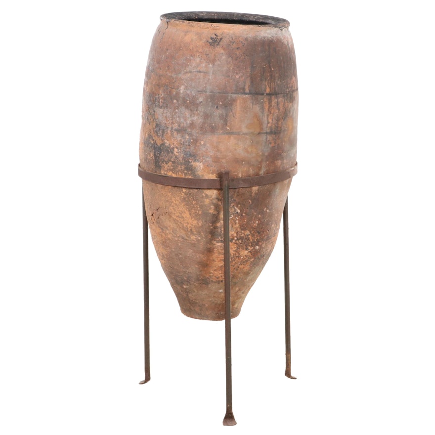 Large Terracotta Amphora Vase on Iron Stand