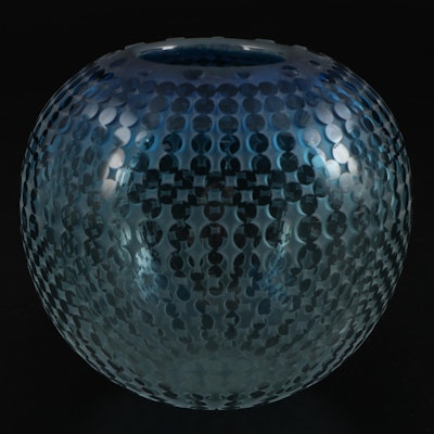 Signed Blue Ombre Carved Geometric Studio Art Glass Vase