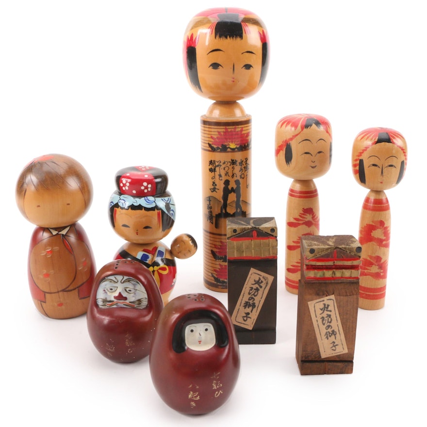 Japanese Wooden Kokeshi Dolls with Pair of Square Carved Figurals