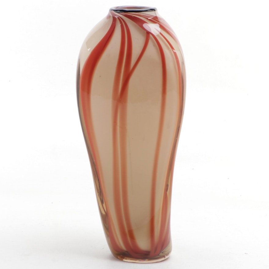 Stephen Jon Clements Blown with Vertical Trails Triangular Studio Art Glass Vase