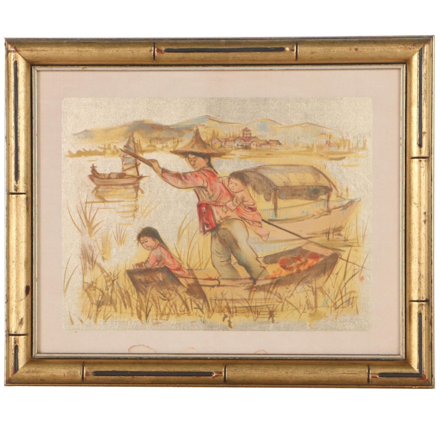 Edna Hibel Color Lithograph of Family on Rowboat, Late 20th Century