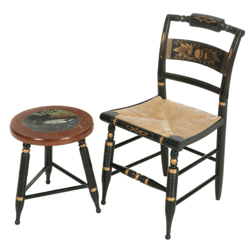 L. Hitchcock Parcel-Ebonized Side Chair and Stool with Mallard Duck Decoration