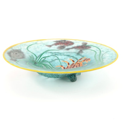 Blown, Carved and Hand-Painted Underwater Crab and Fish Motif Art Glass Bowl