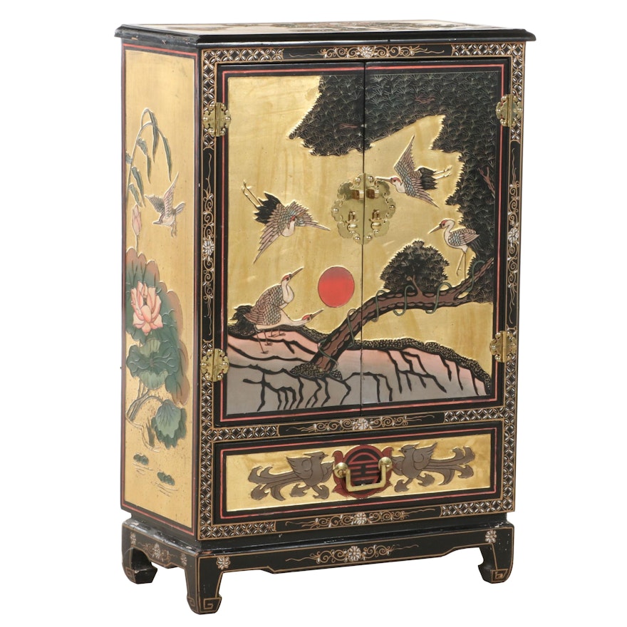 Chinese Black, Gilt, and Polychrome-Lacquer Side Cabinet, 20th Century